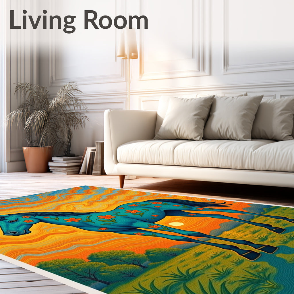 Boho Teal Horse Floral Sunset Rug