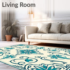 Teal Floral Medallion Cream Square Rug