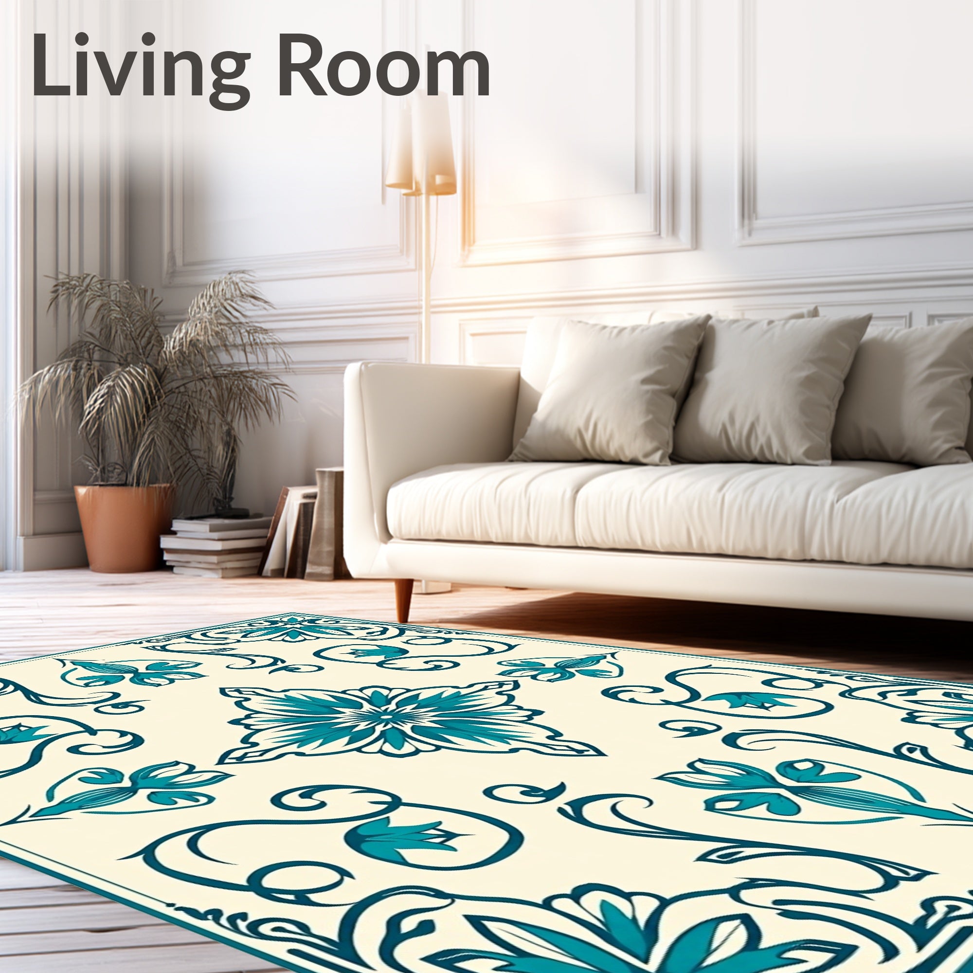 Teal Floral Medallion Cream Square Rug
