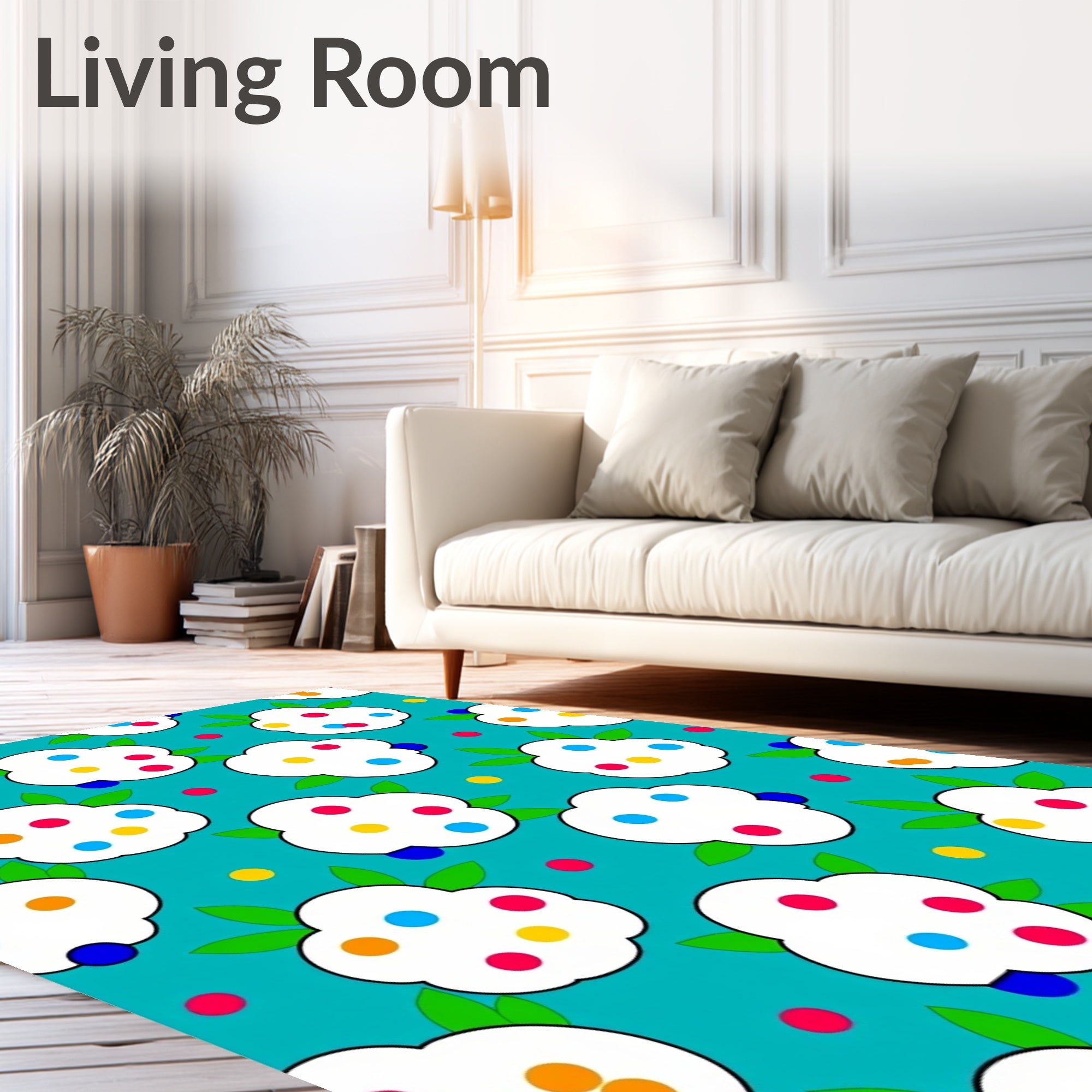 White Blossom Polka Dot Teal Rug