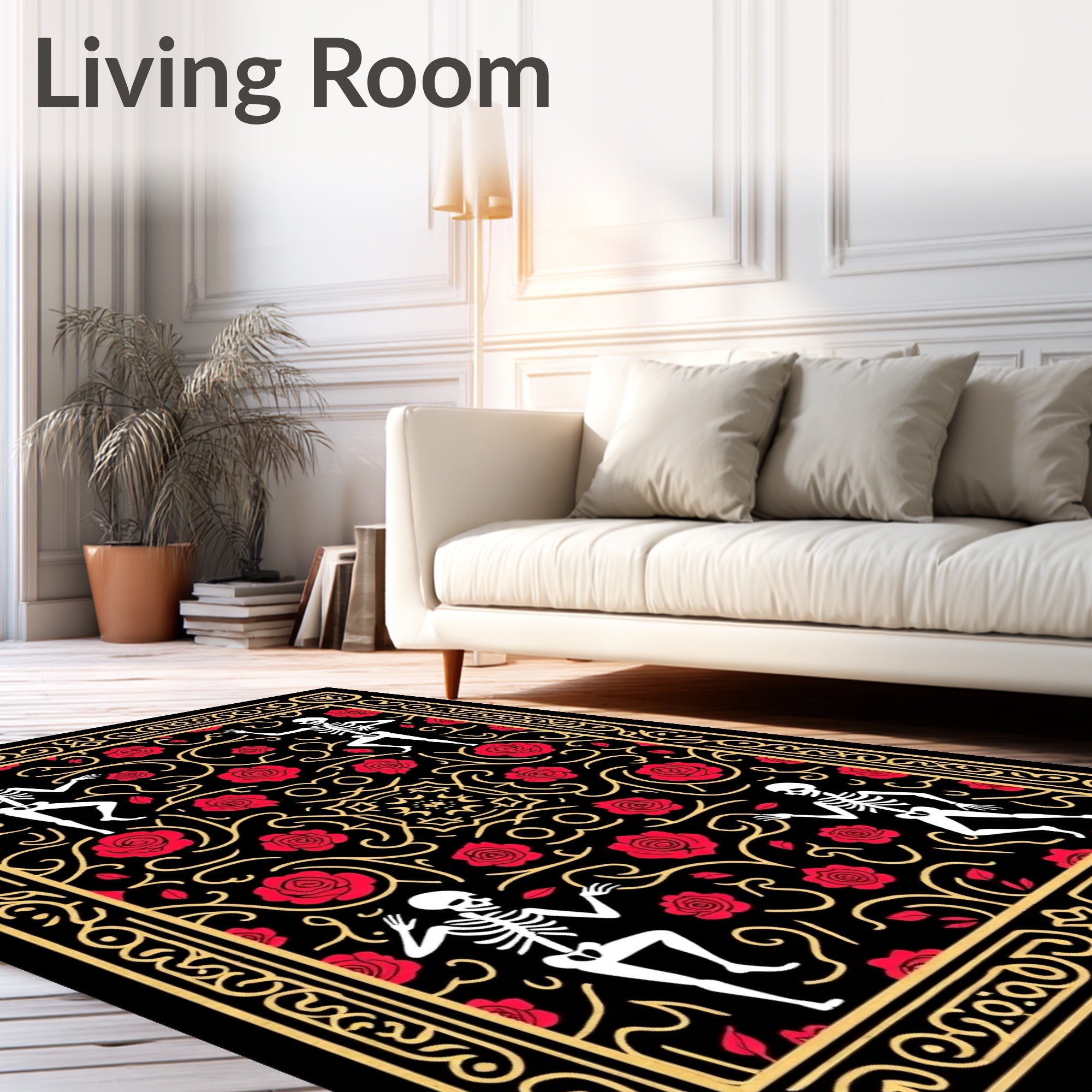 Dancing Skeletons Red Rose Scrollwork Rug