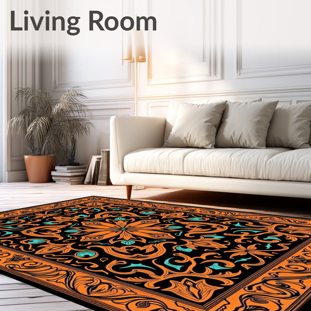 Orange Black Teal Floral Scroll Medallion Rug