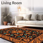 Orange Black Teal Floral Scroll Medallion Rug