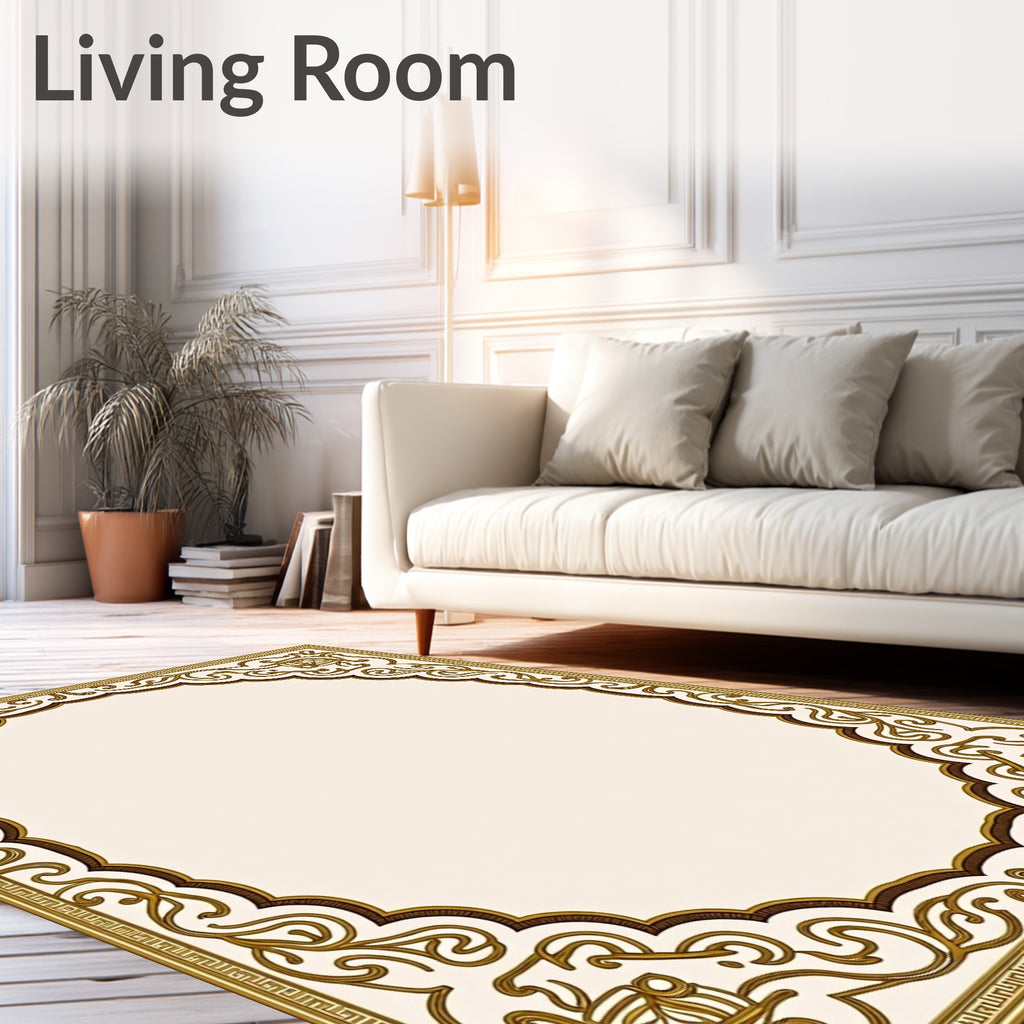 Gold Brown Ornate Scroll Border Rug