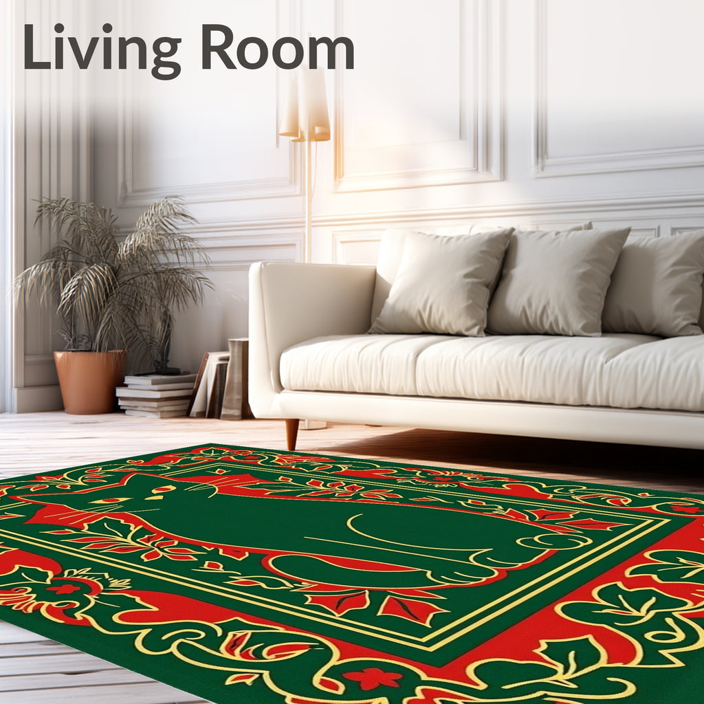 Emerald Green Sitting Cat Floral Frame Rug