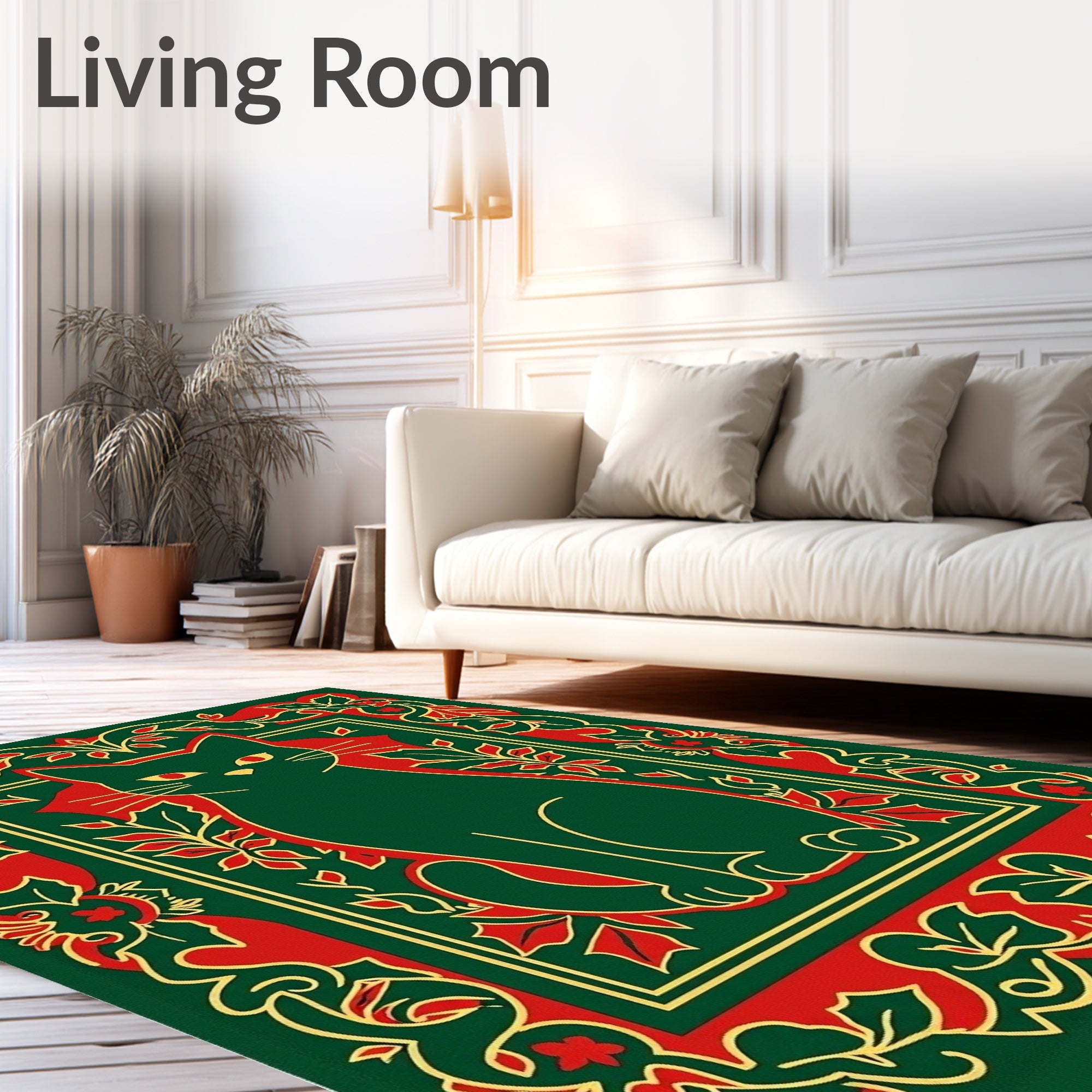 Emerald Green Sitting Cat Floral Frame Rug