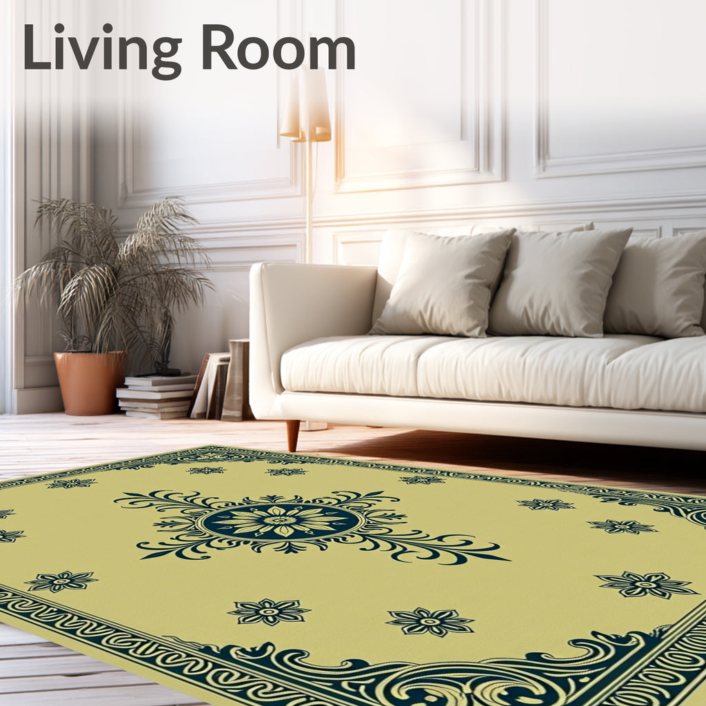 Gold Navy Floral Medallion Border Rug