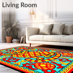 Vibrant Yellow Red Cat Medallion Rug
