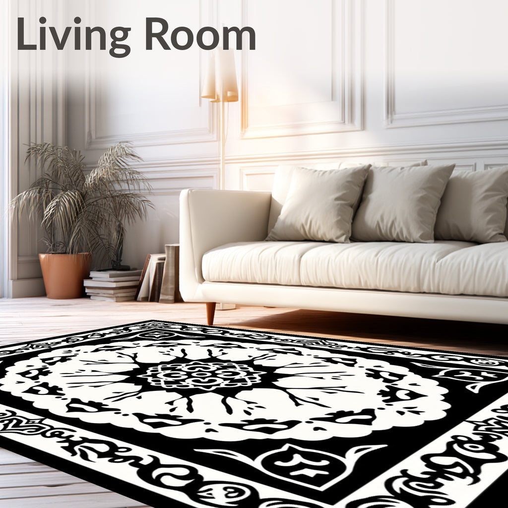 Black White Ornamental Tree Mandala Rug