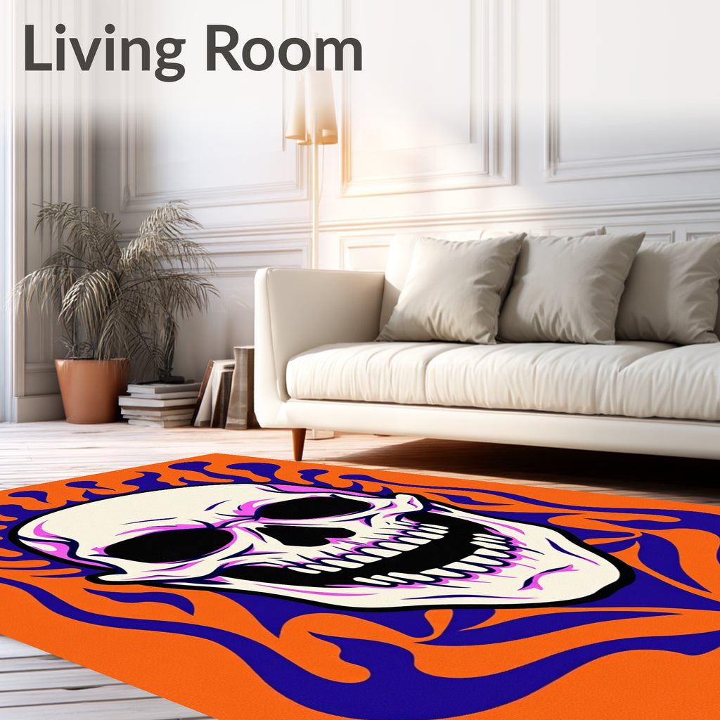 Bold orange skull with purple flames Rug