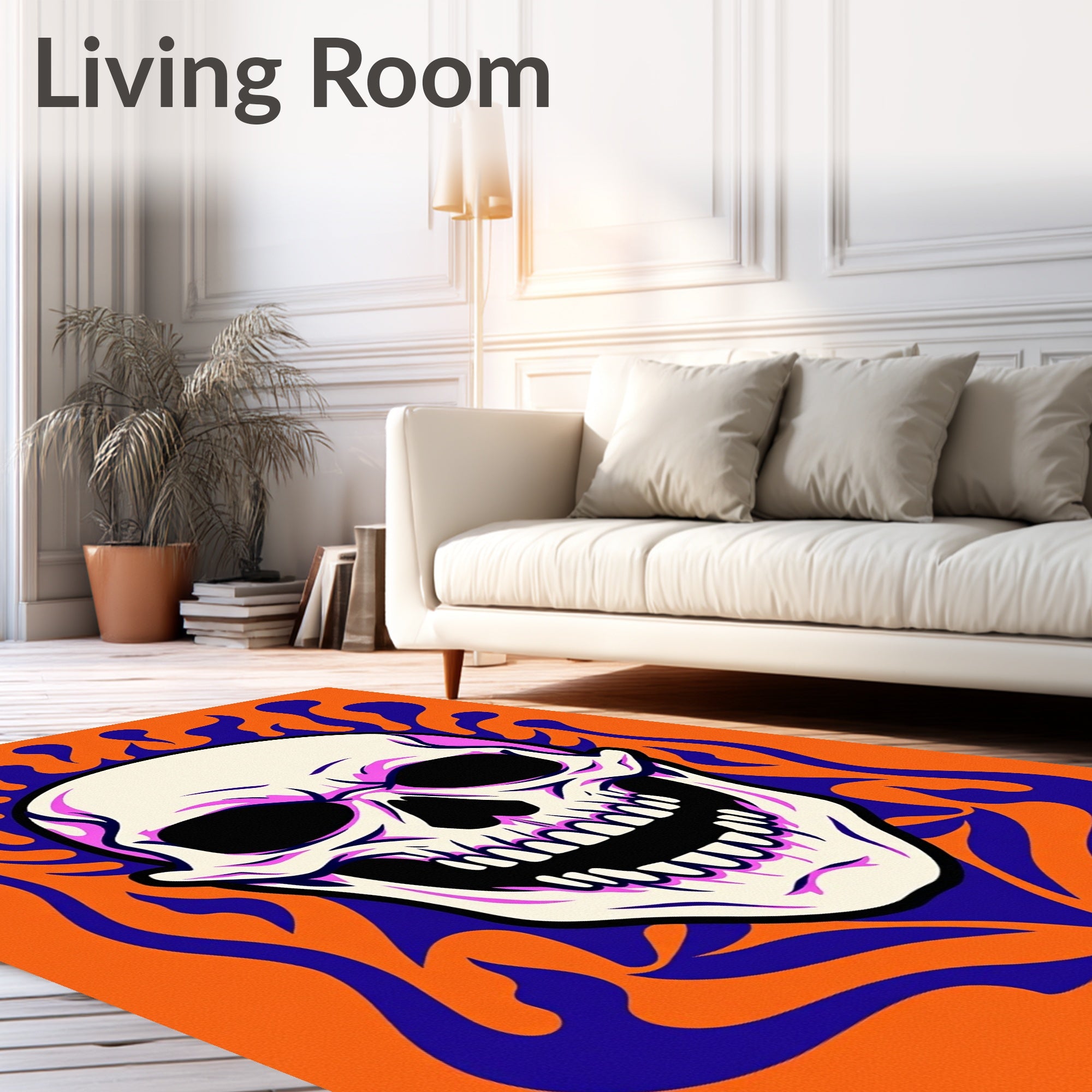 Bold orange skull with purple flames Rug
