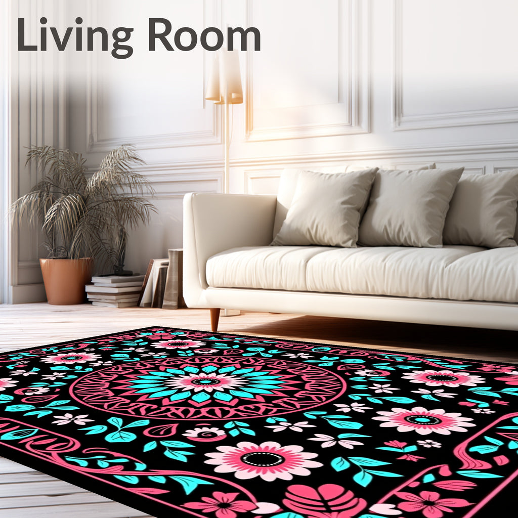 Vibrant Pink Teal Floral Medallion Rug