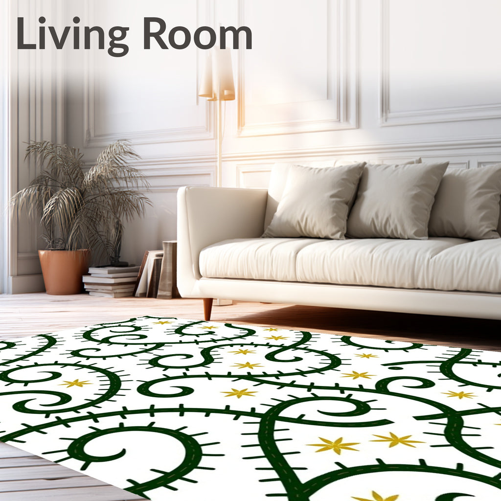Green Swirl Vine Yellow Star Rug