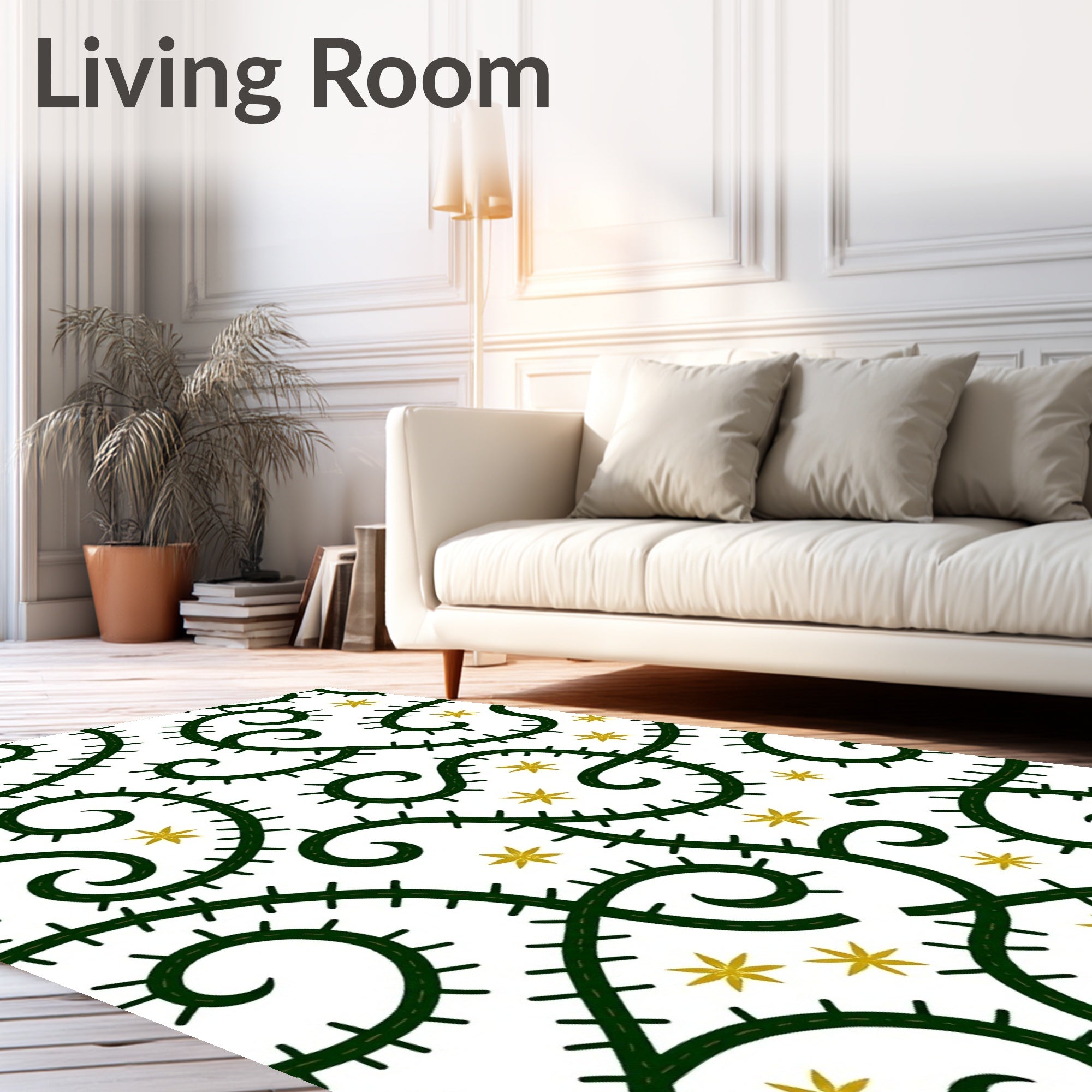 Green Swirl Vine Yellow Star Rug