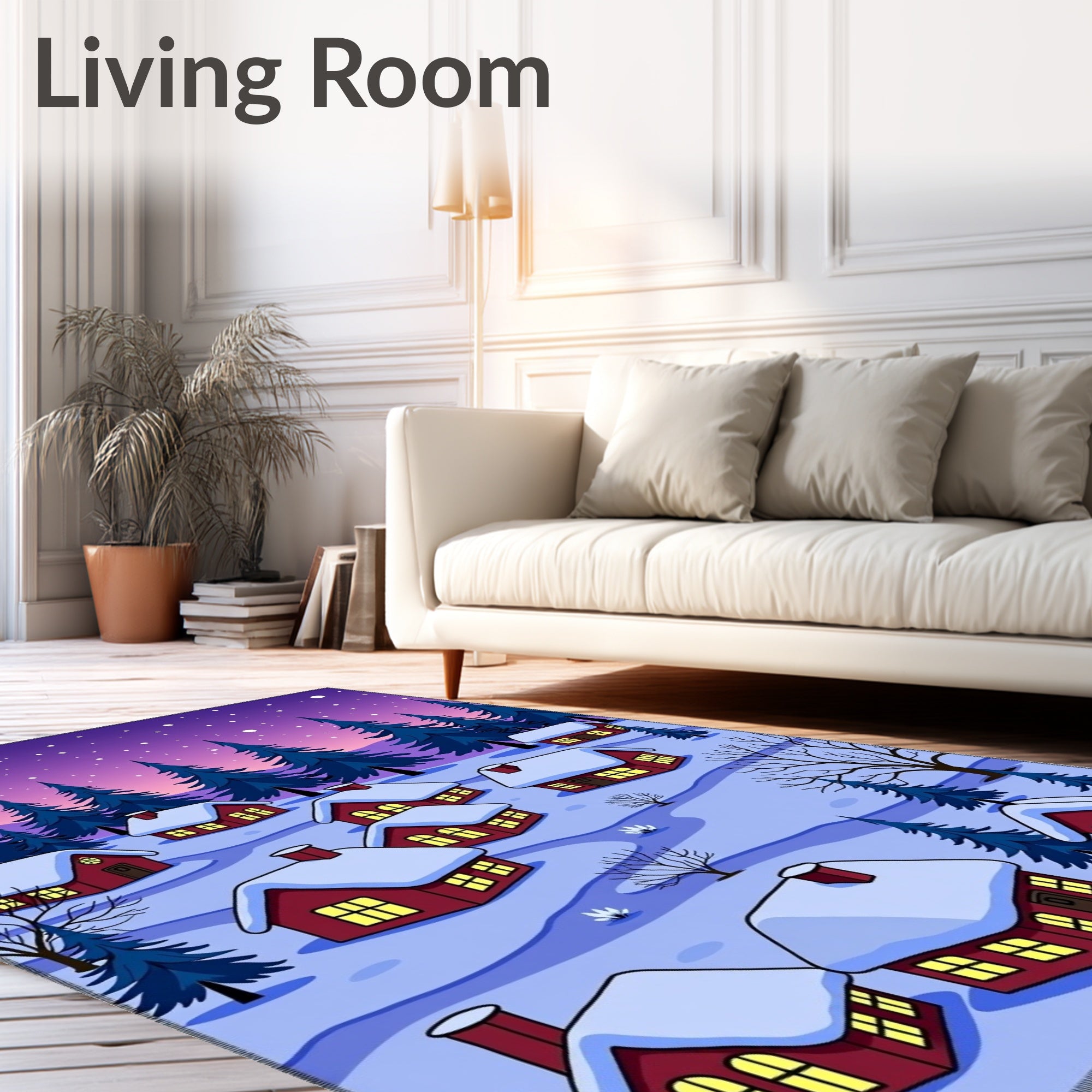 Cozy Winter Village Snowfall Scene Rug