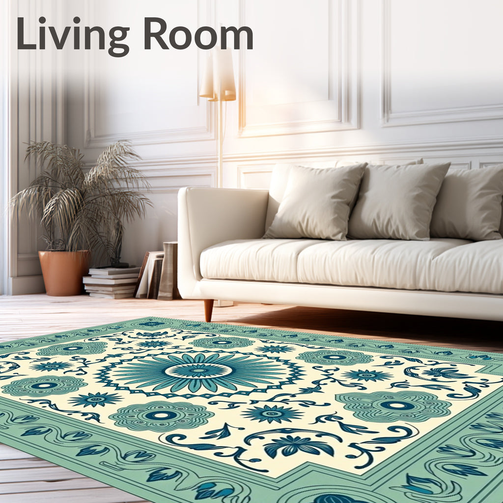 Teal Blue Floral Medallion Cream Rug