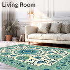 Teal Blue Floral Medallion Cream Rug