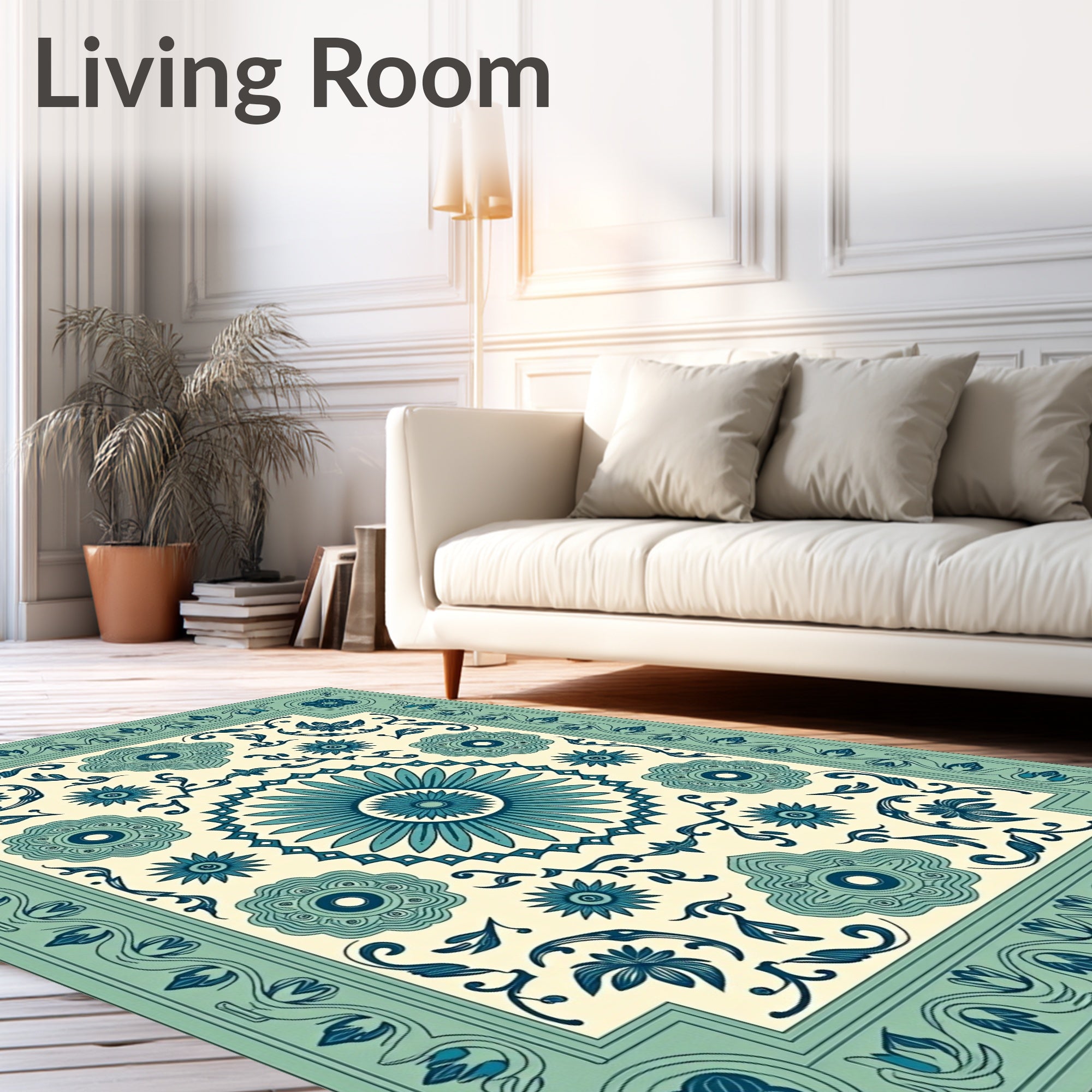 Teal Blue Floral Medallion Cream Rug