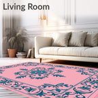 Teal Scrollwork Flourishes Accenting Pink Field Rug