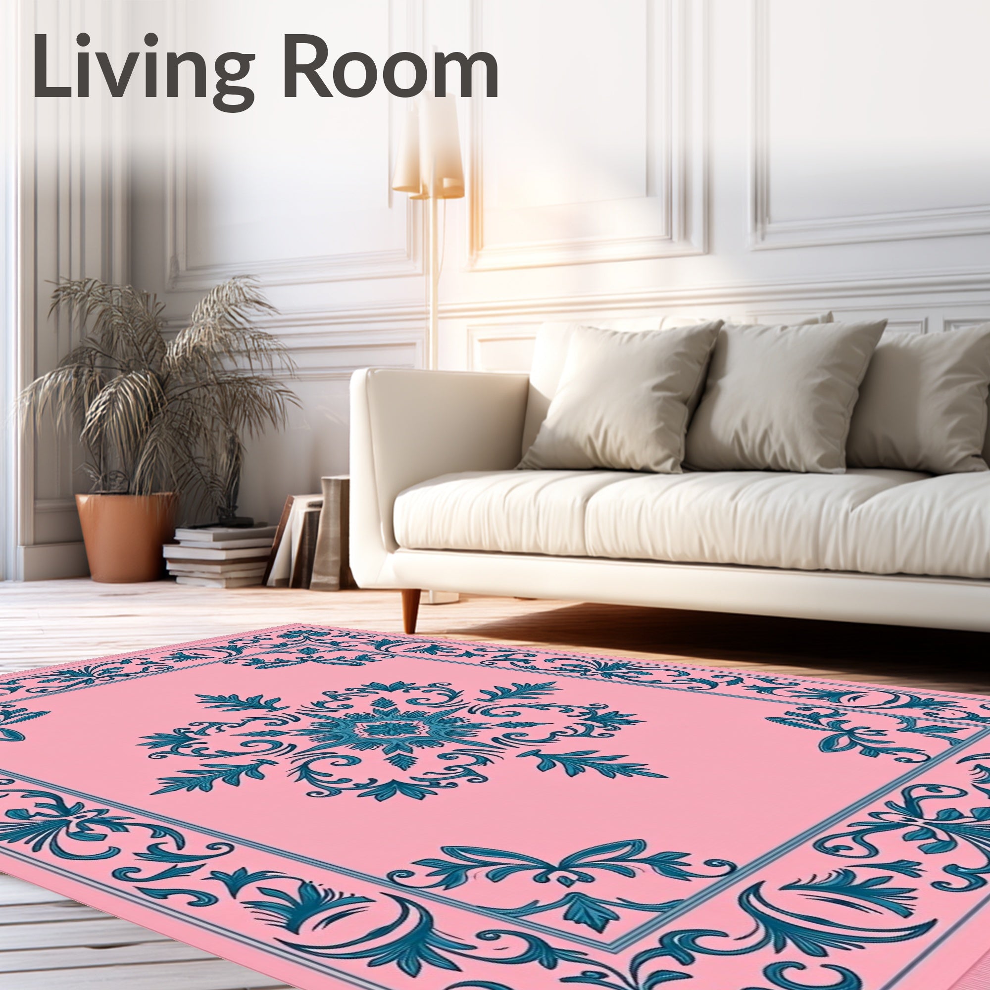 Teal Scrollwork Flourishes Accenting Pink Field Rug