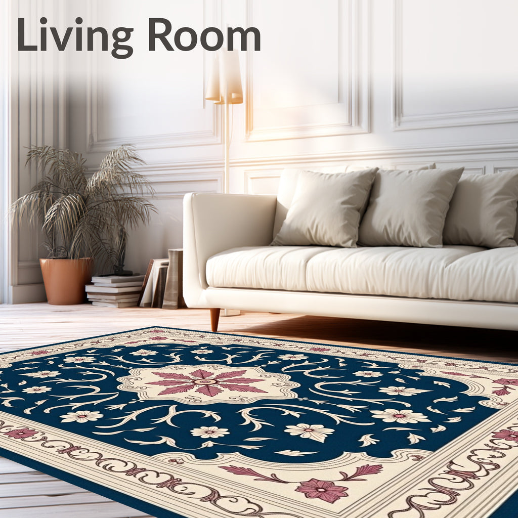 Deep Blue Floral Medallion Scrollwork Rug