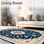 Deep Blue Floral Medallion Scrollwork Rug