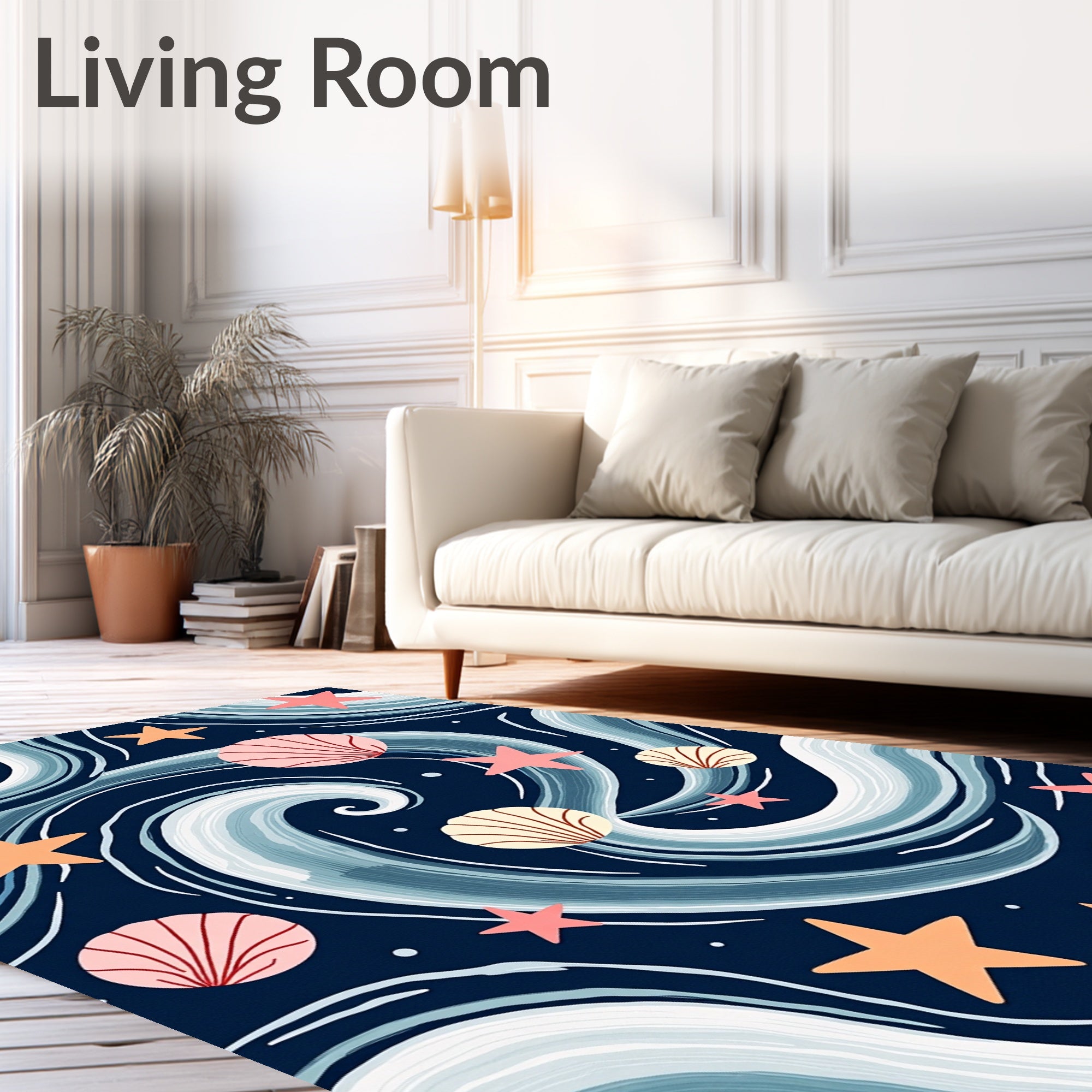 Oceanic Waves Seashell Starfish Navy Rug