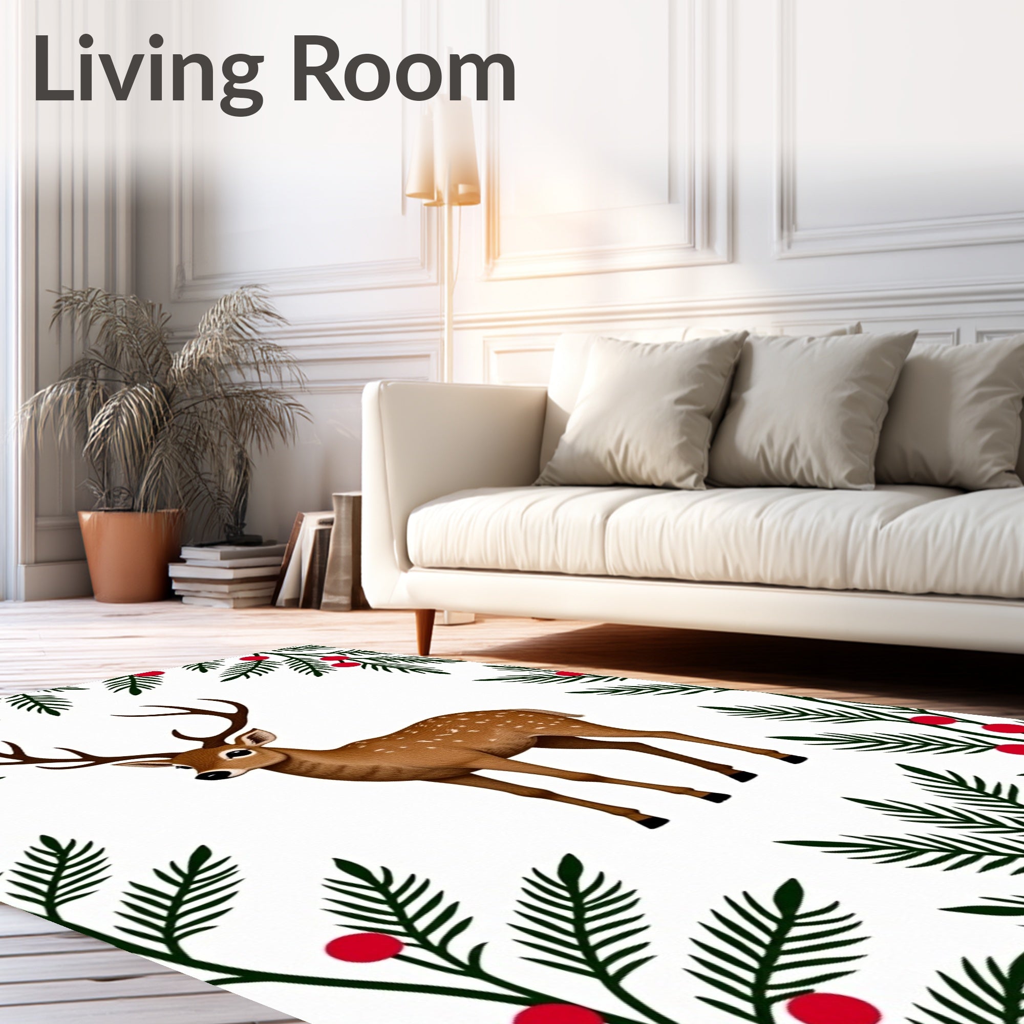 Whimsical Deer and Holly Frame Rug