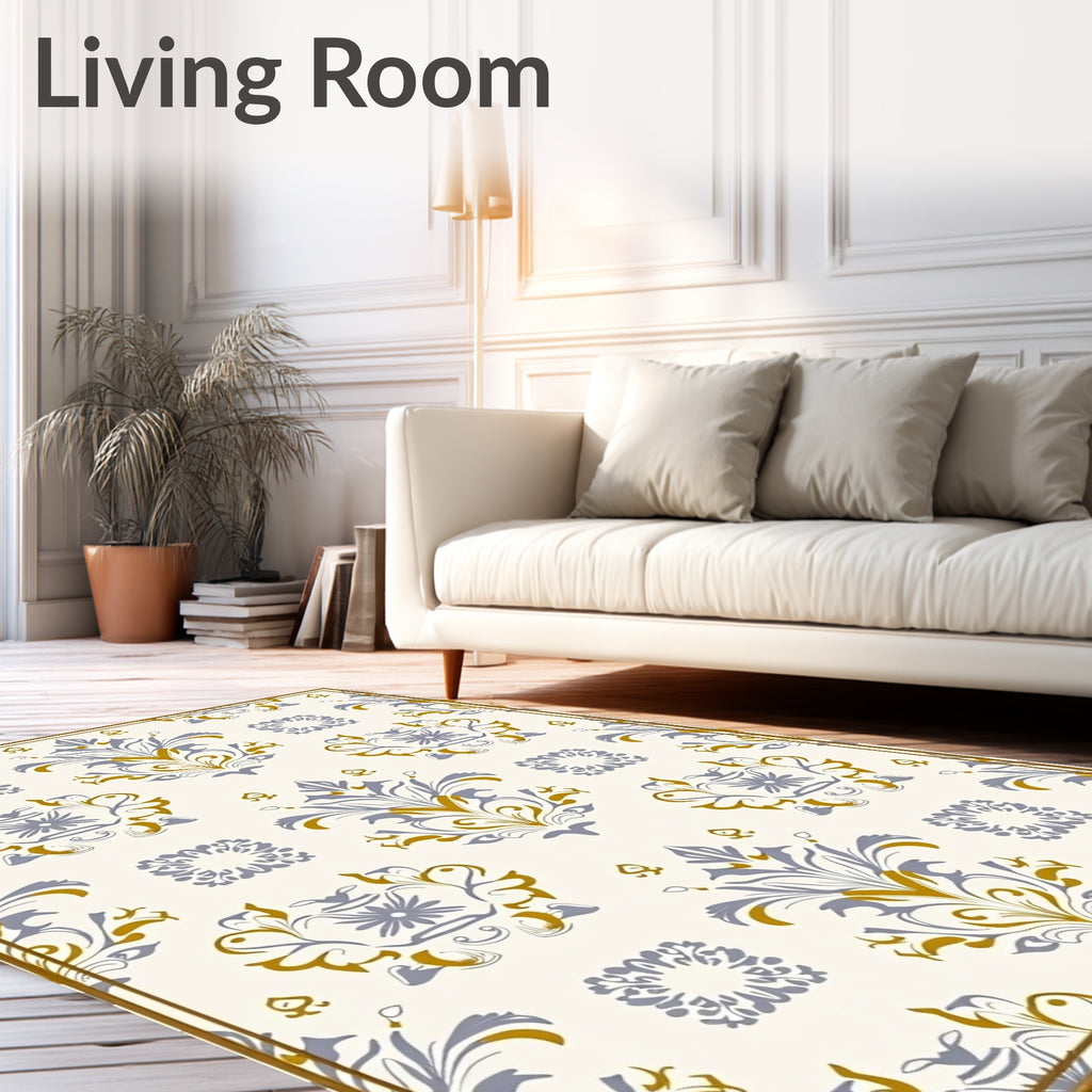 Cream Blue Gold Damask Accents Rug