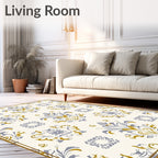 Cream Blue Gold Damask Accents Rug