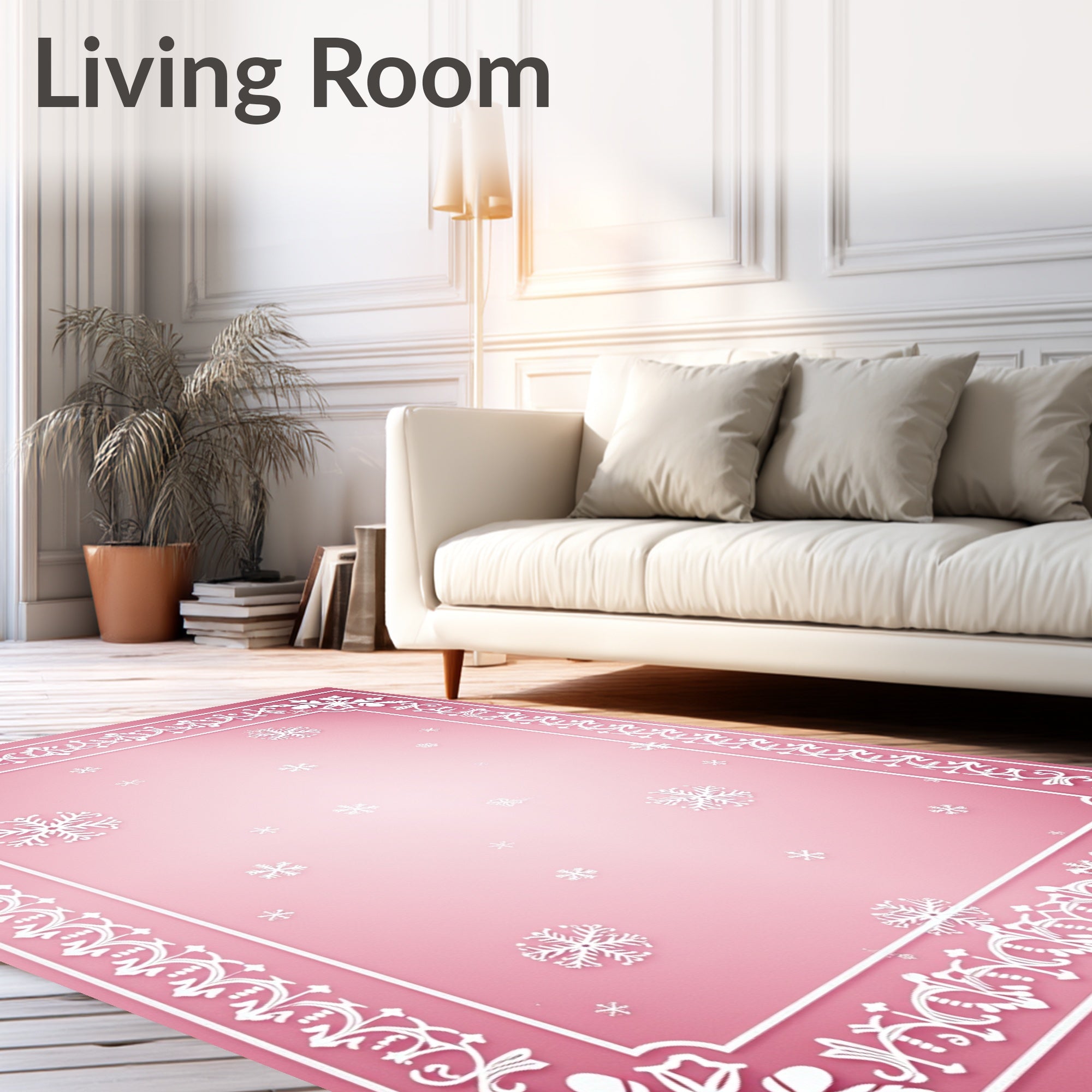 White Snowflake Pink Gradient Border Rug