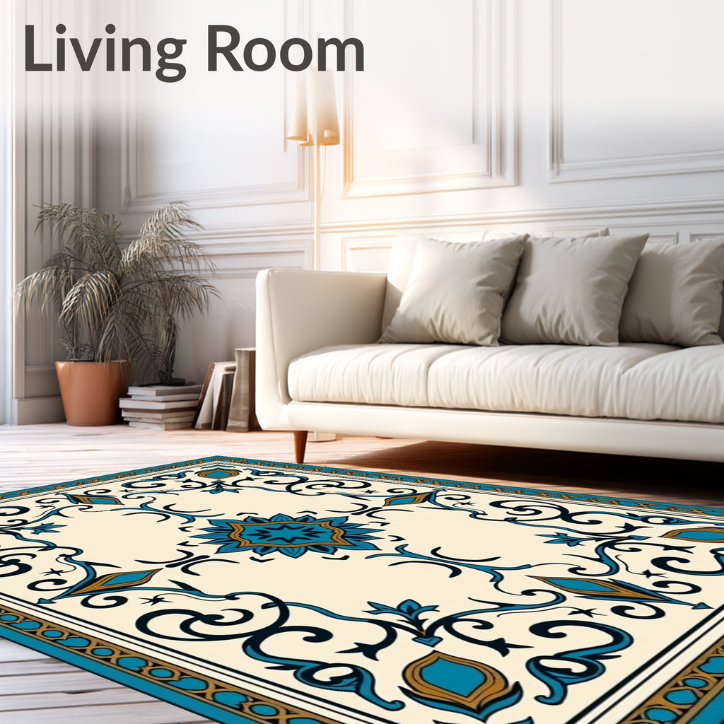 Turquoise Blue Floral Scroll Tiled Rug