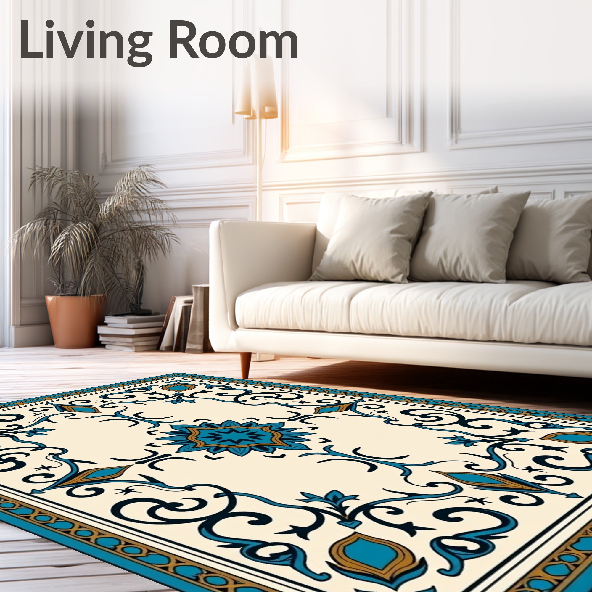 Turquoise Blue Floral Scroll Tiled Rug
