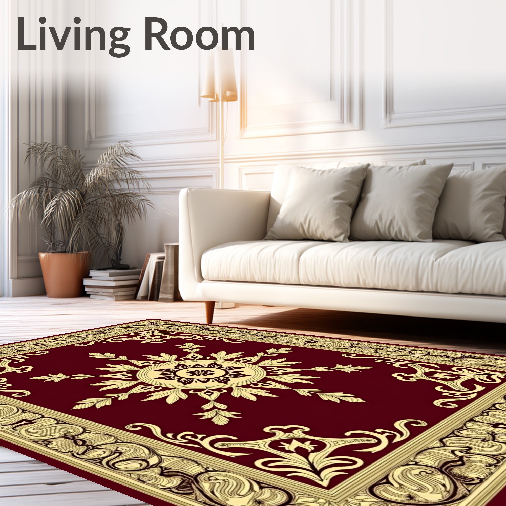 Elegant Gold Floral Medallion Burgundy Rug