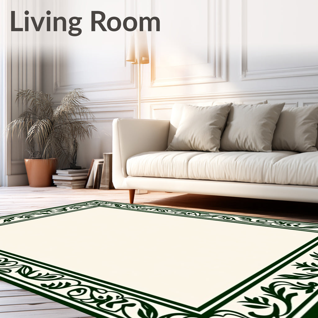 Dark Green Floral Scroll Border Rug