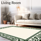 Dark Green Floral Scroll Border Rug