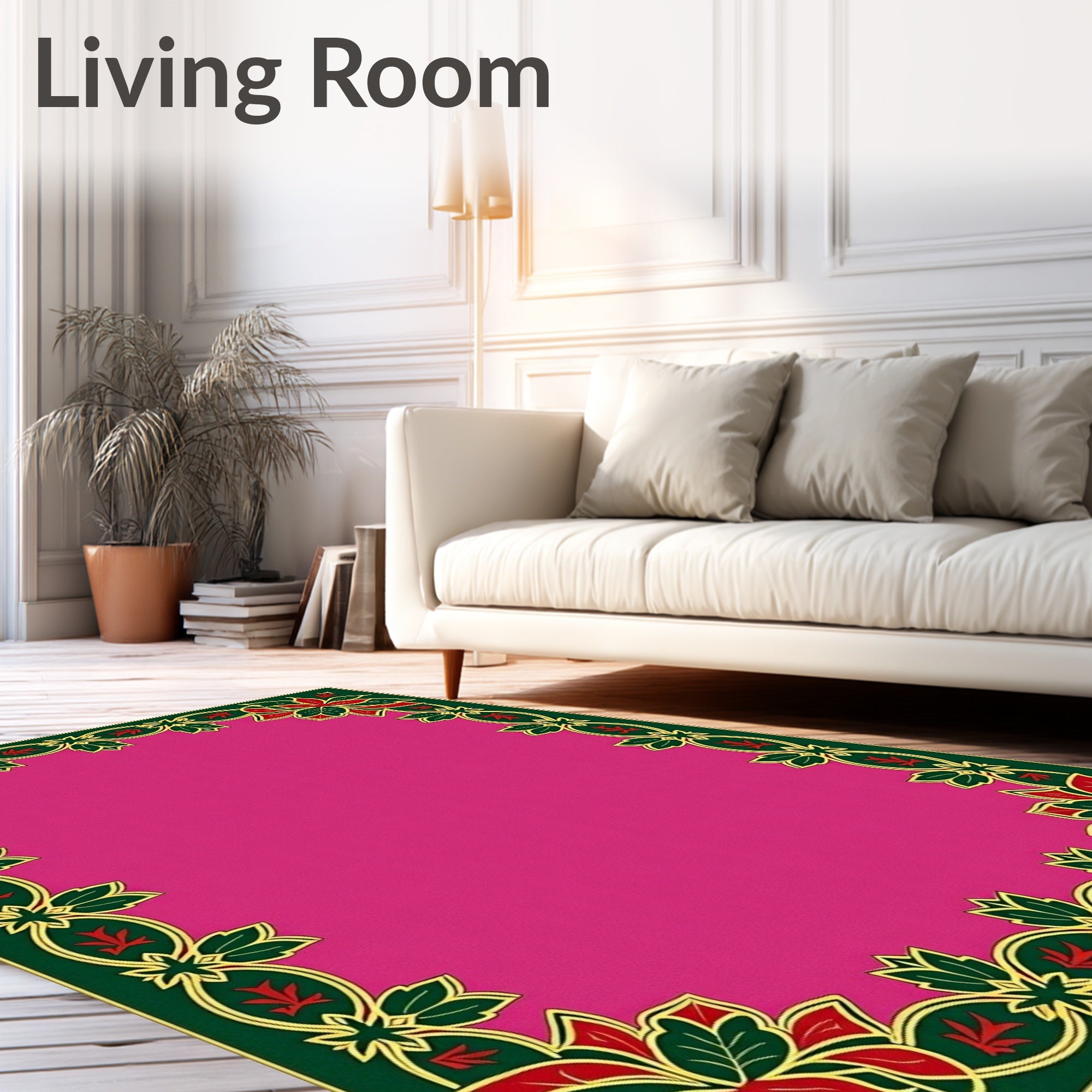 Crimson Green Floral Bordered Magenta Rug