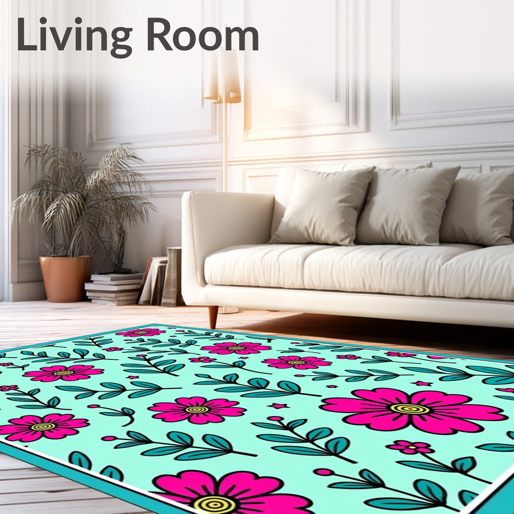 Retro Pink Floral Teal Botanical Garden Rug