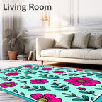 Retro Pink Floral Teal Botanical Garden Rug
