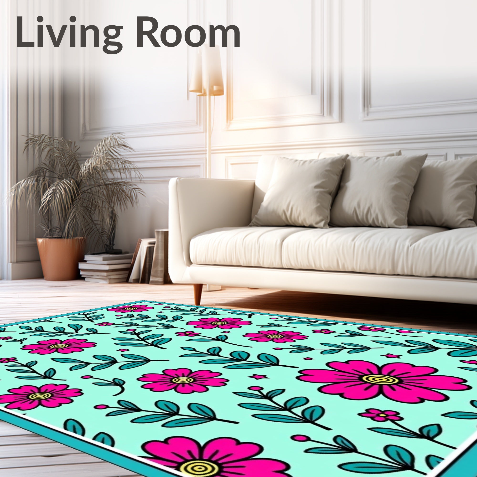 Retro Pink Floral Teal Botanical Garden Rug