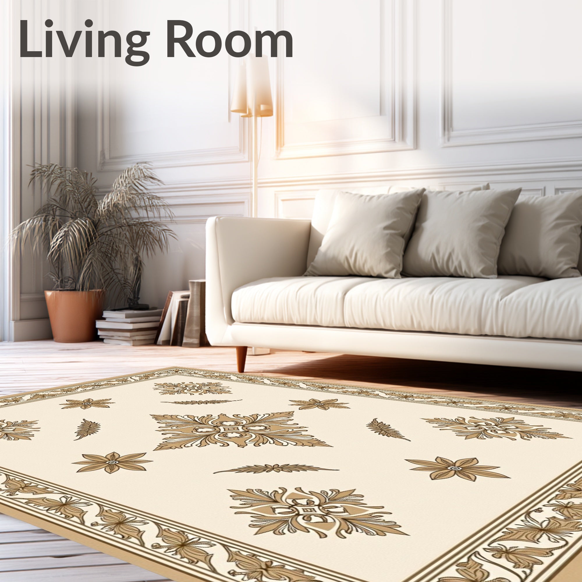 Classic Beige Floral Medallion Border Rug