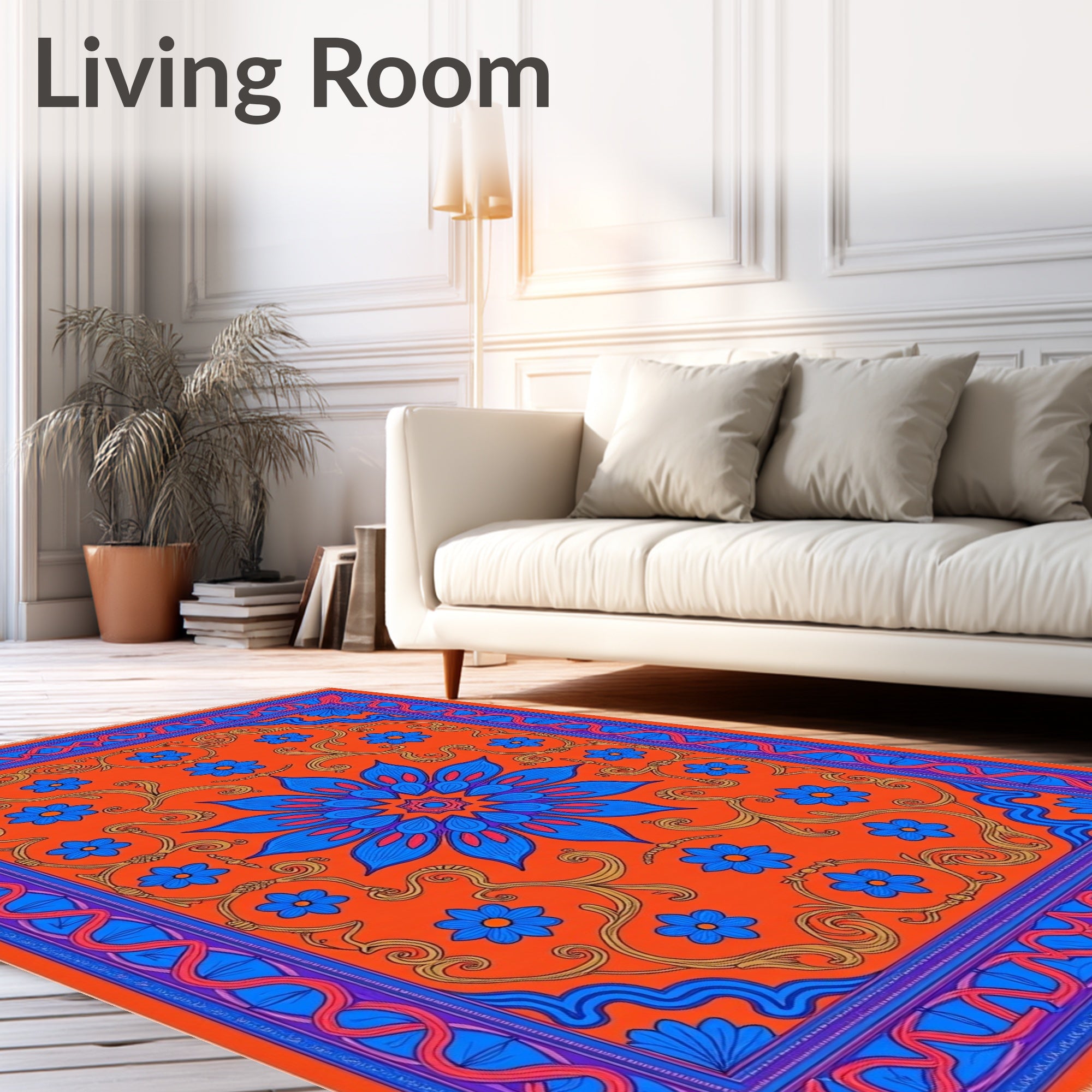 Bold Orange Blue Floral Medallion Rug