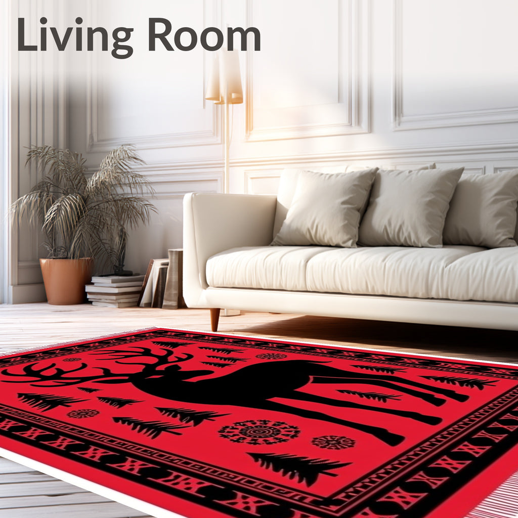 Bold Red Forest Deer Motif Rug