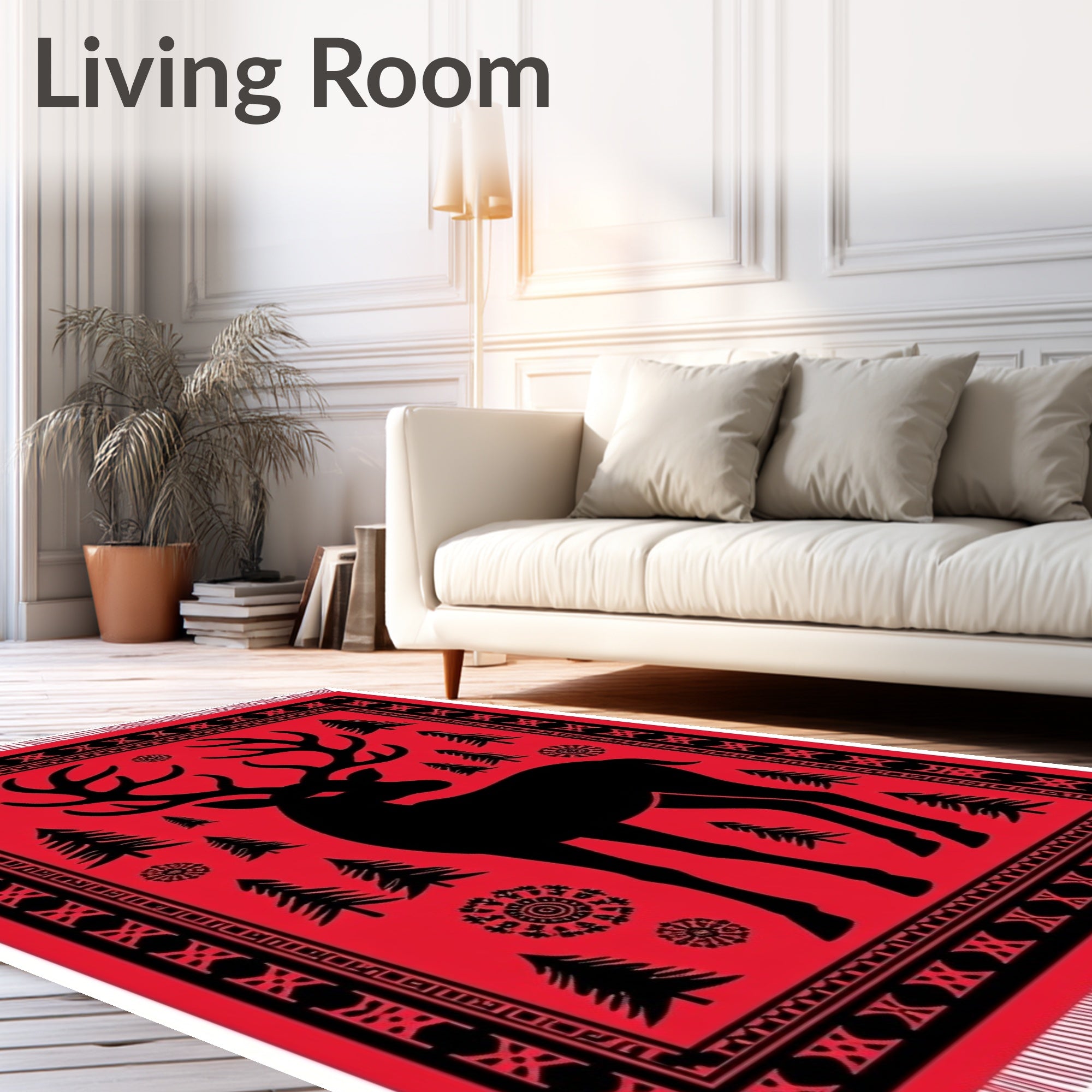 Bold Red Forest Deer Motif Rug