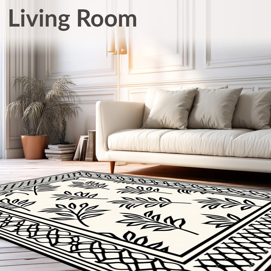 Black and White Leafy Botanical Border Rug