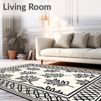 Black and White Leafy Botanical Border Rug