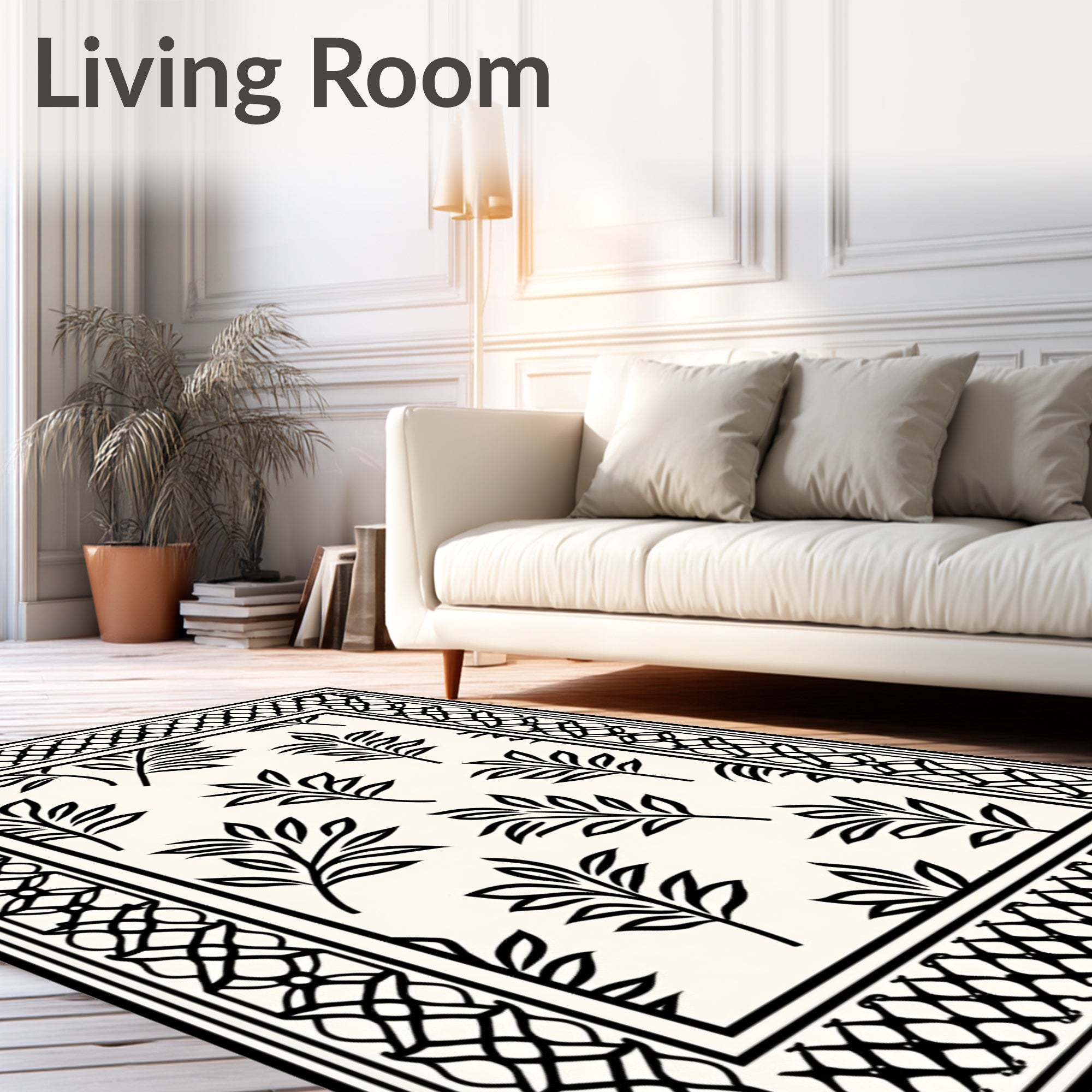 Black and White Leafy Botanical Border Rug