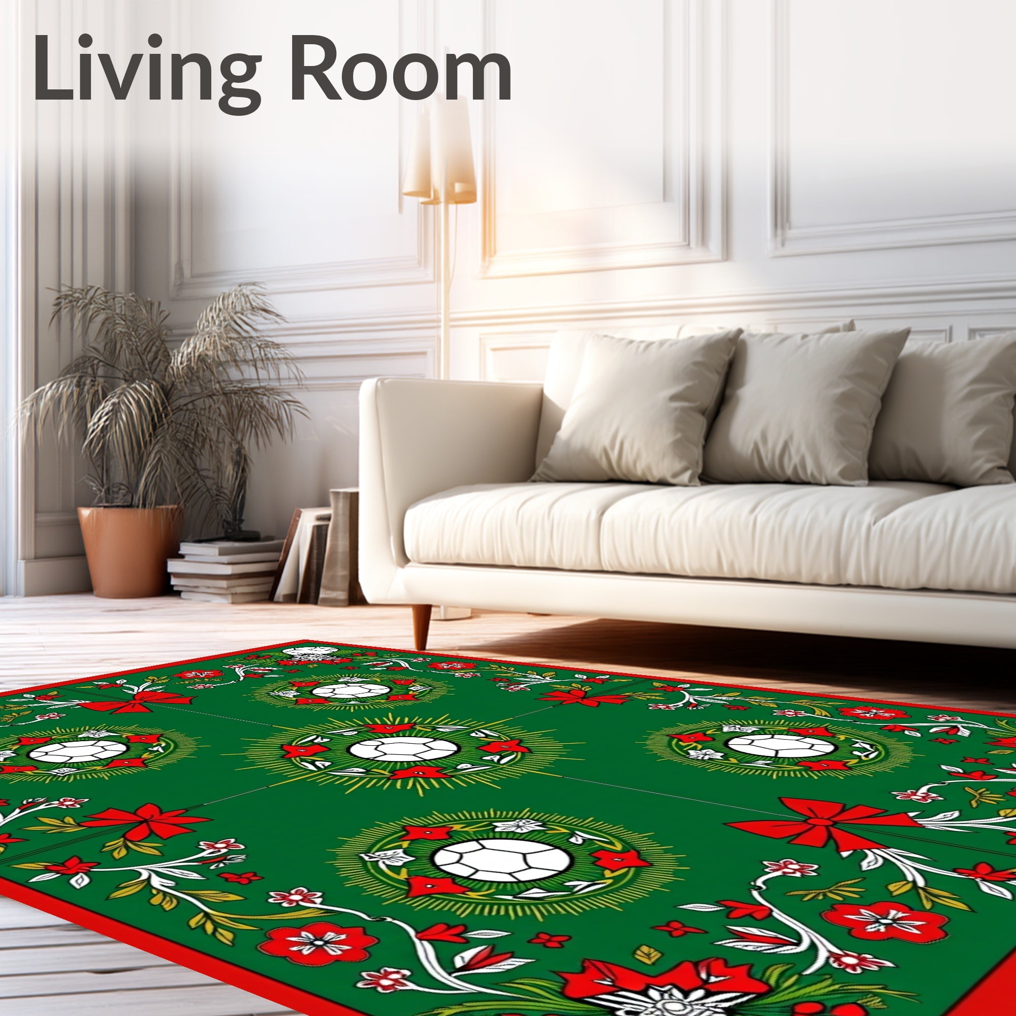 Green Red White Festive Football Wreath Rug