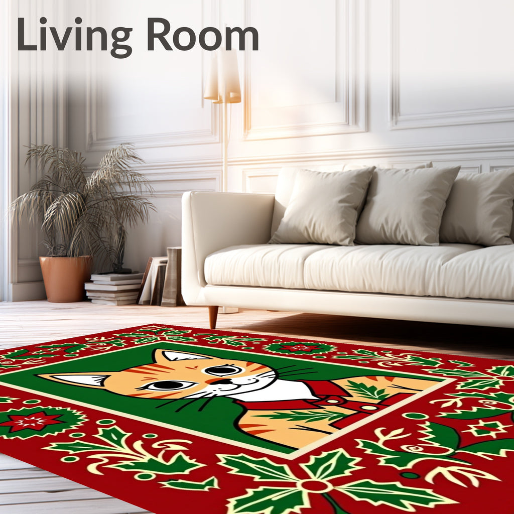 Festive Red Christmas Holly Cat Rug