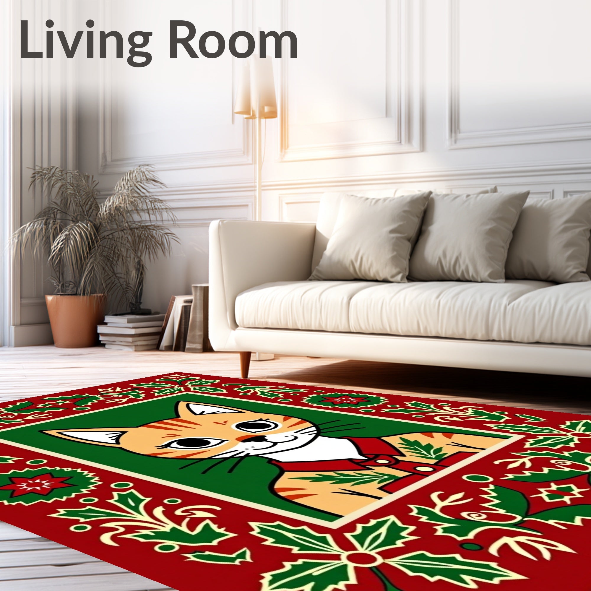 Festive Red Christmas Holly Cat Rug